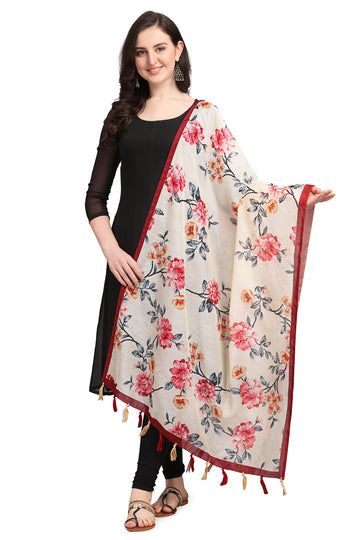 Cream And Pink Color Floral Digital Print Chanderi Silk Dupatta
